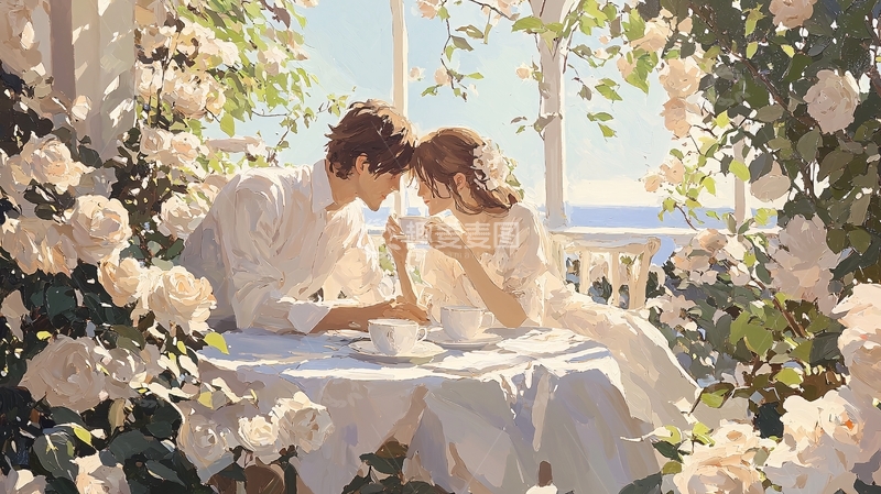 高清大图下载【趣麦麦图】浪漫花园中的情侣茶会