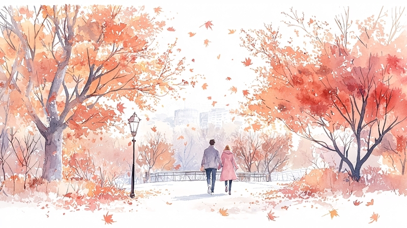 高清大图下载【趣麦麦图】秋日漫步情侣手牵手