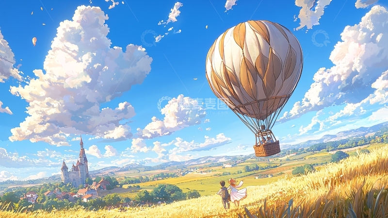 高清大图下载【趣麦麦图】热气球与田野上的恋人