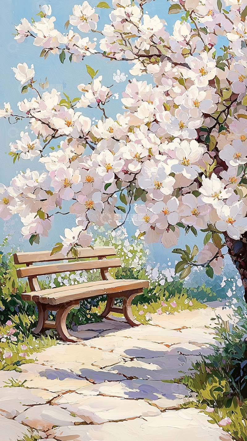高清大图下载【趣麦麦图】春天樱花下的石凳