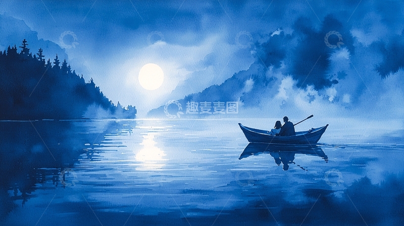 高清大图下载【趣麦麦图】月夜湖畔划船情侣