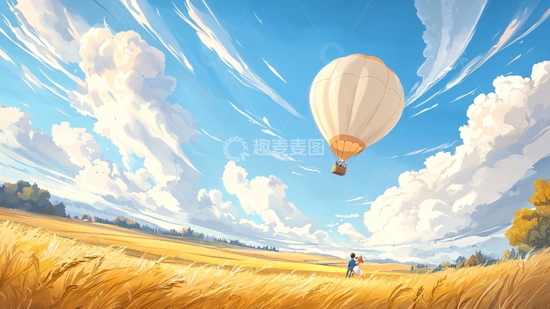 高清大图下载【趣麦麦图】热气球与田野上的情侣