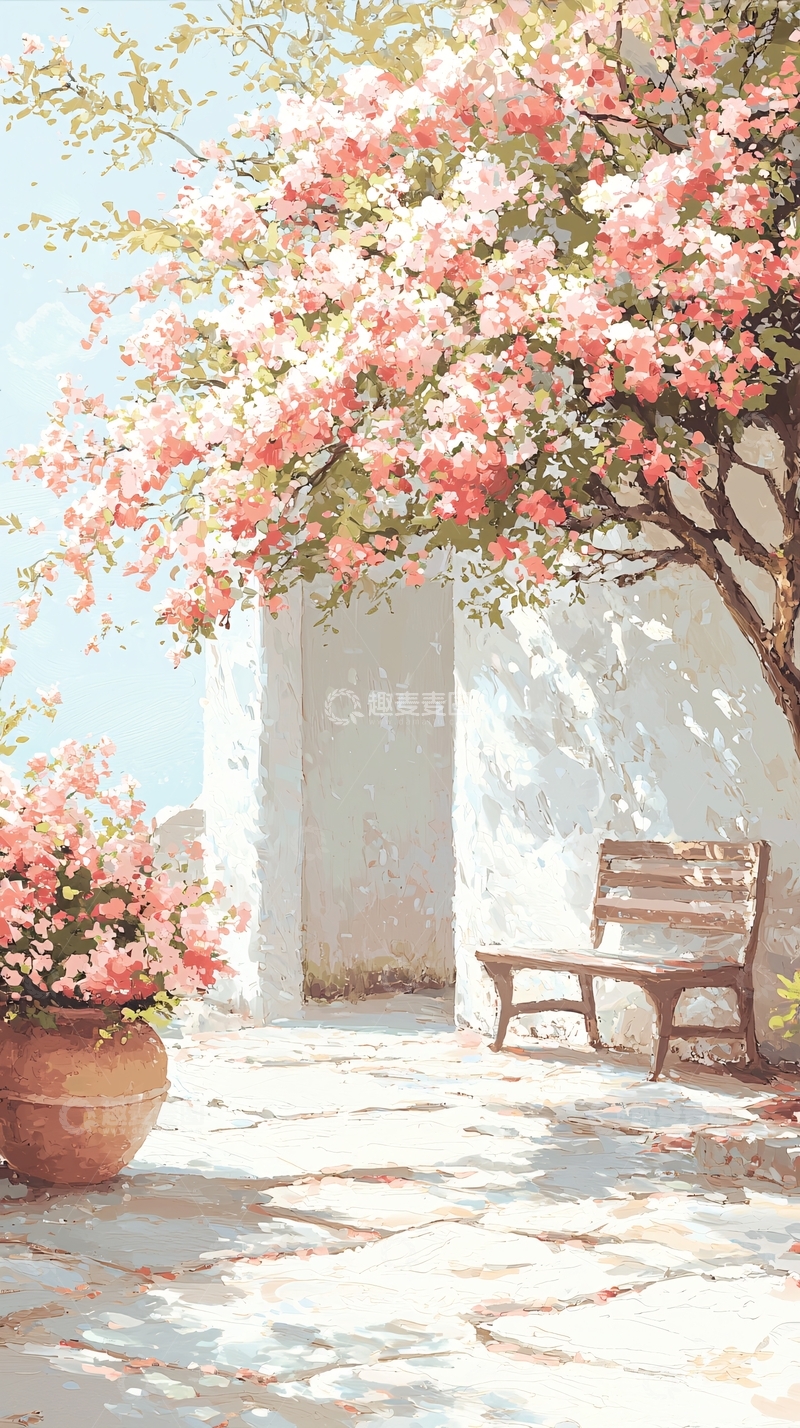 高清大图下载【趣麦麦图】春日庭院樱花树下的长椅