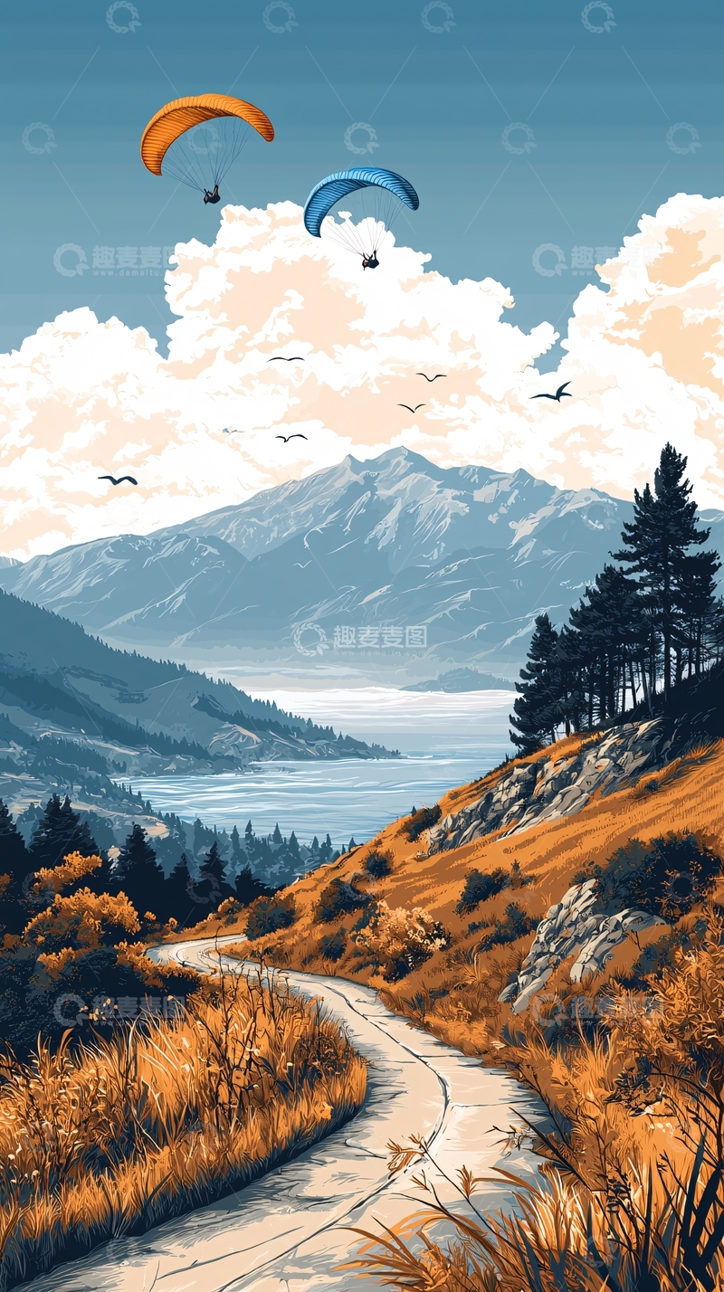 高清大图下载【趣麦麦图】山间徒步与滑翔伞的自然风光