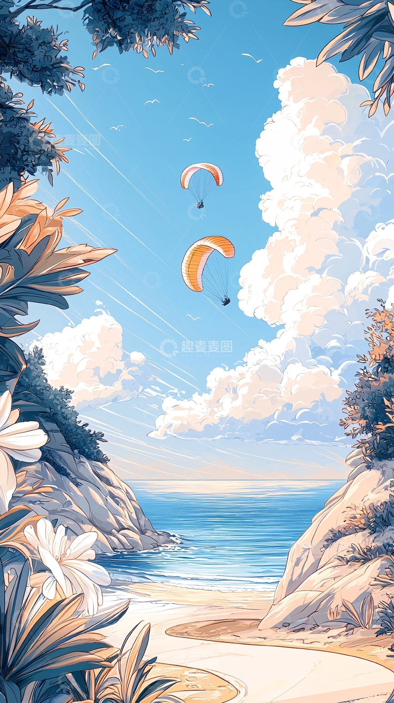 高清大图下载【趣麦麦图】热带海滩滑翔伞风景