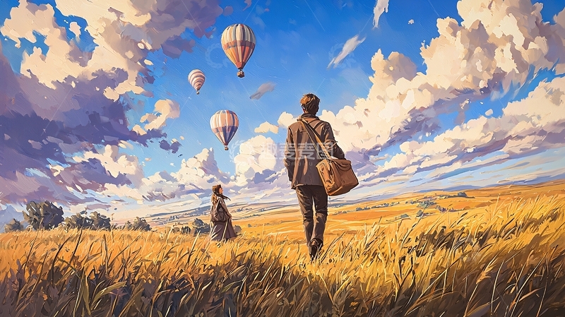 高清大图下载【趣麦麦图】热气球下的田野漫步