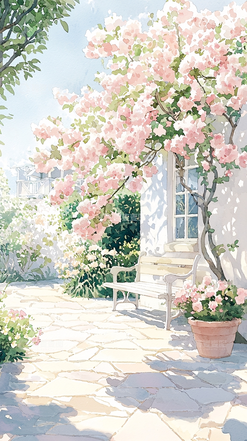 高清大图下载【趣麦麦图】粉樱花庭院风景图
