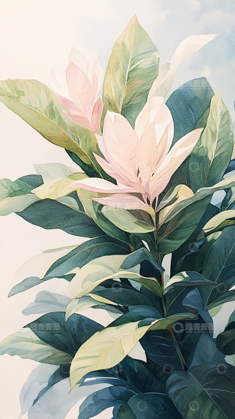 高清大图下载【趣麦麦图】粉色花朵与绿色叶子的艺术画