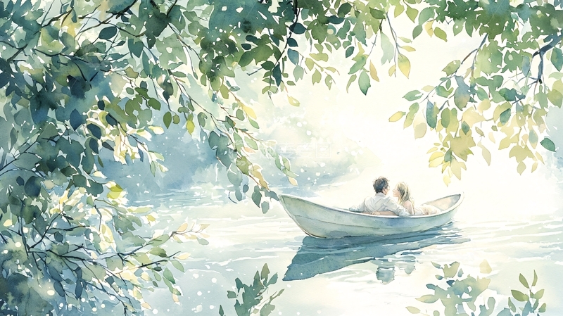 高清大图下载【趣麦麦图】情侣划船在树荫下