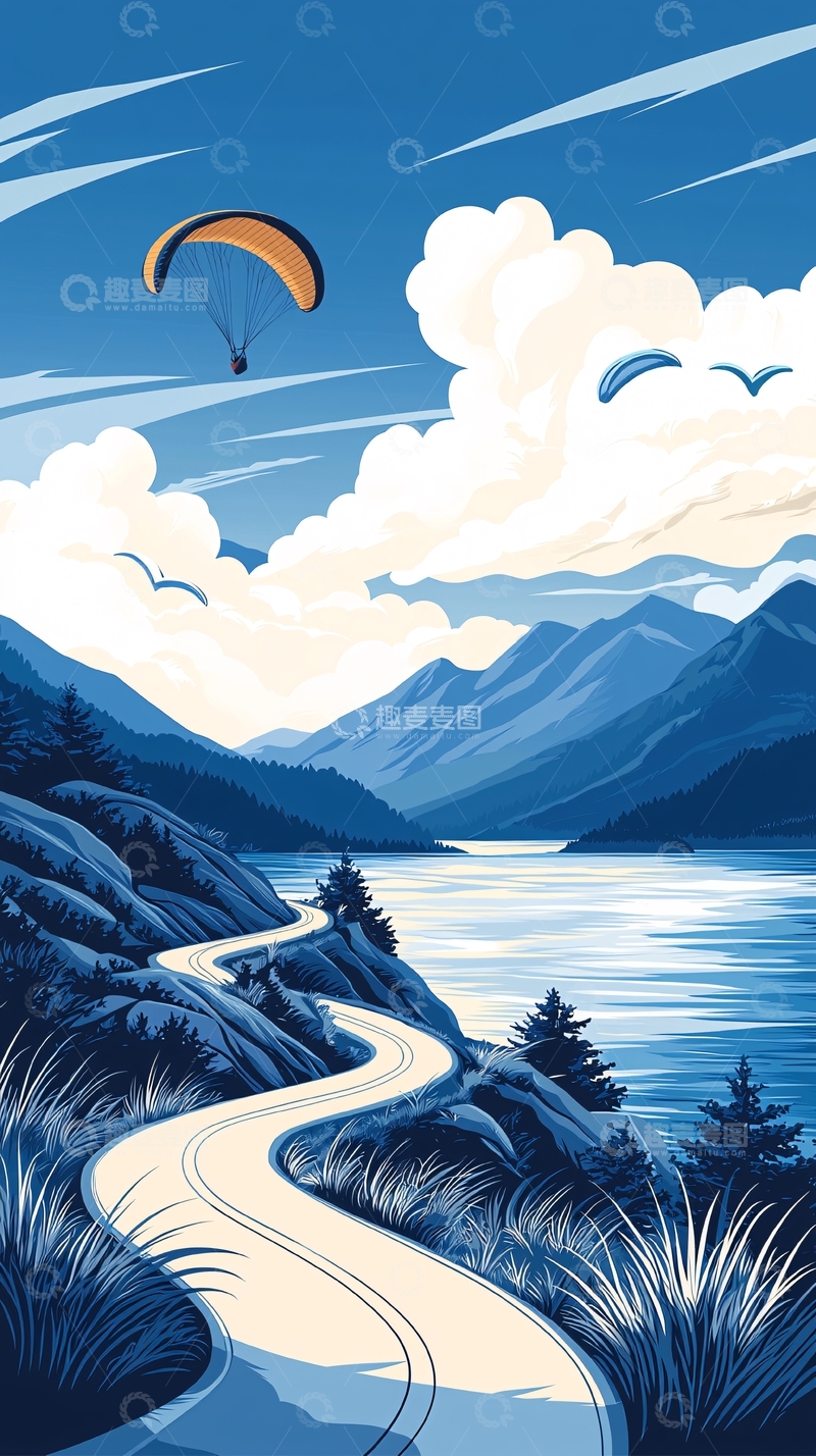 高清大图下载【趣麦麦图】山间湖畔滑翔伞风景图