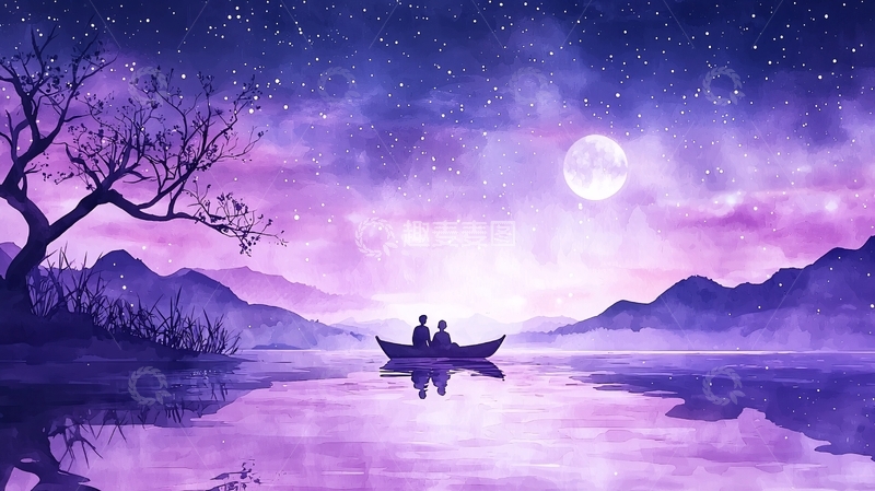 高清大图下载【趣麦麦图】月下湖畔浪漫二人行