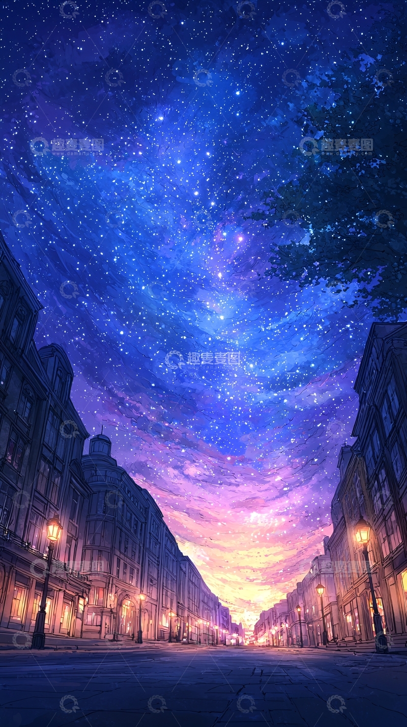 高清大图下载【趣麦麦图】梦幻星空下的城市街道