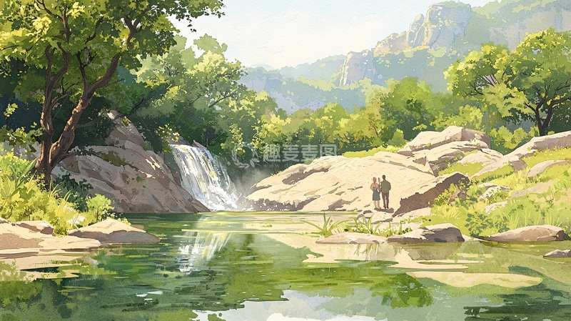 高清大图下载【趣麦麦图】瀑布旁的宁静自然风景