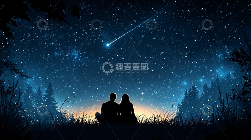 高清大图下载【趣麦麦图】情侣夜空下看流星