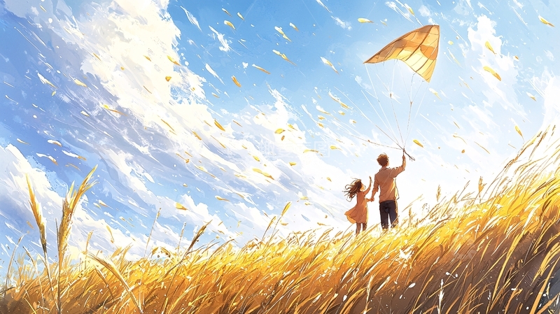 高清大图下载【趣麦麦图】田野上的风筝与恋人
