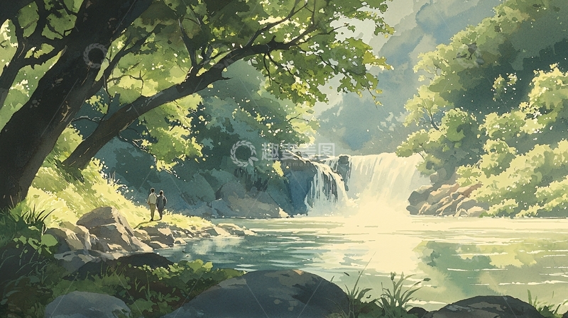 高清大图下载【趣麦麦图】瀑布旁的宁静自然风景