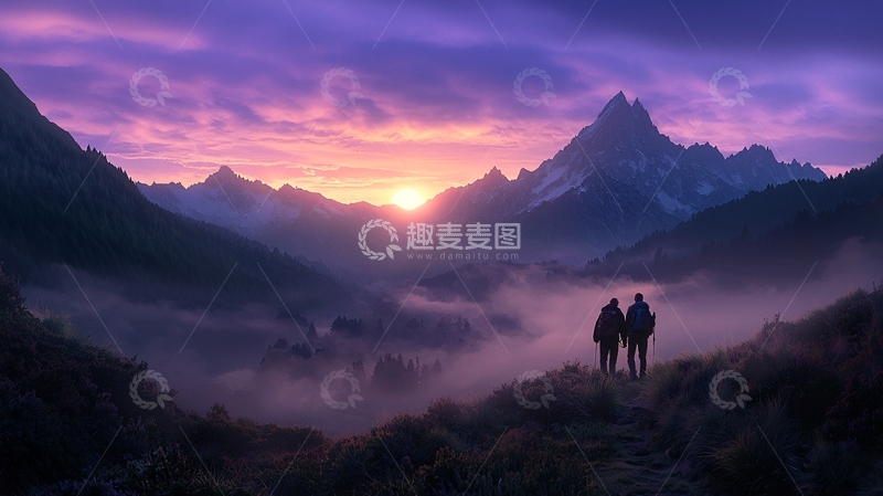 高清大图下载【趣麦麦图】日出山间徒步旅行风景