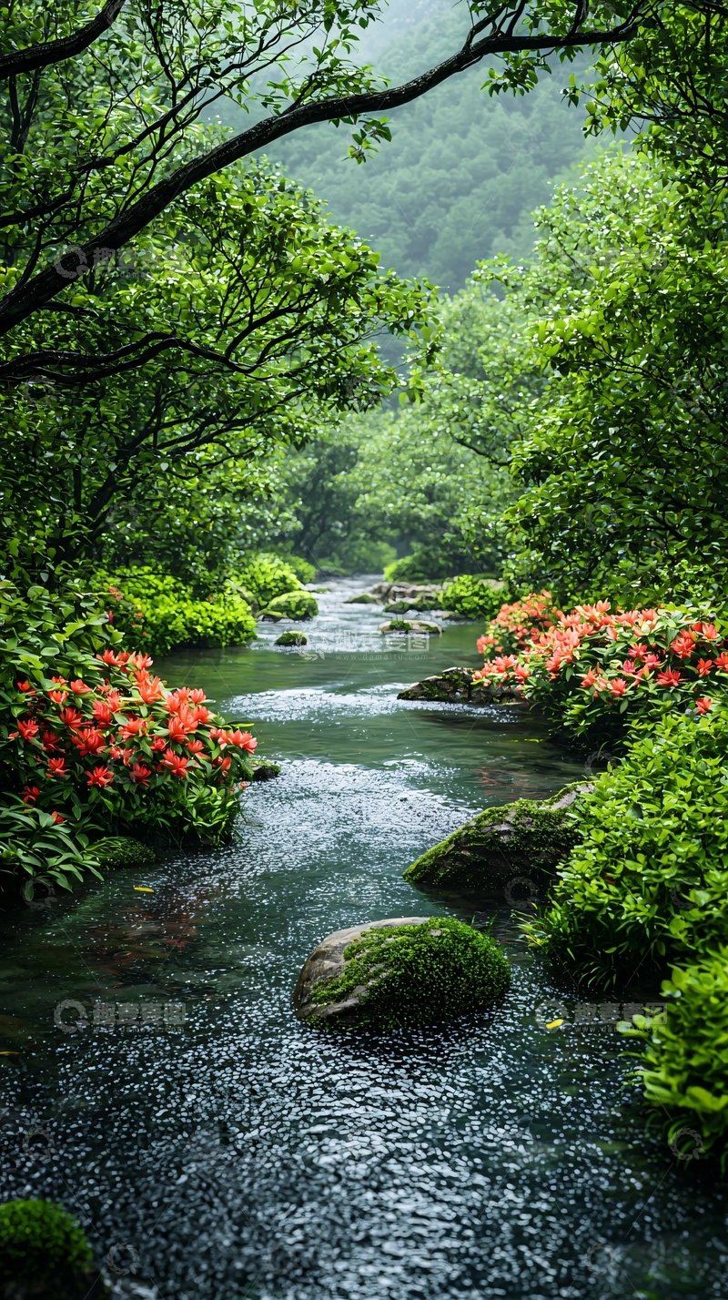 高清大图下载【趣麦麦图】山间小溪与红花
