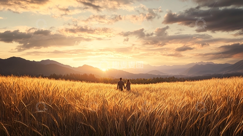 高清大图下载【趣麦麦图】夕阳下的田野情侣