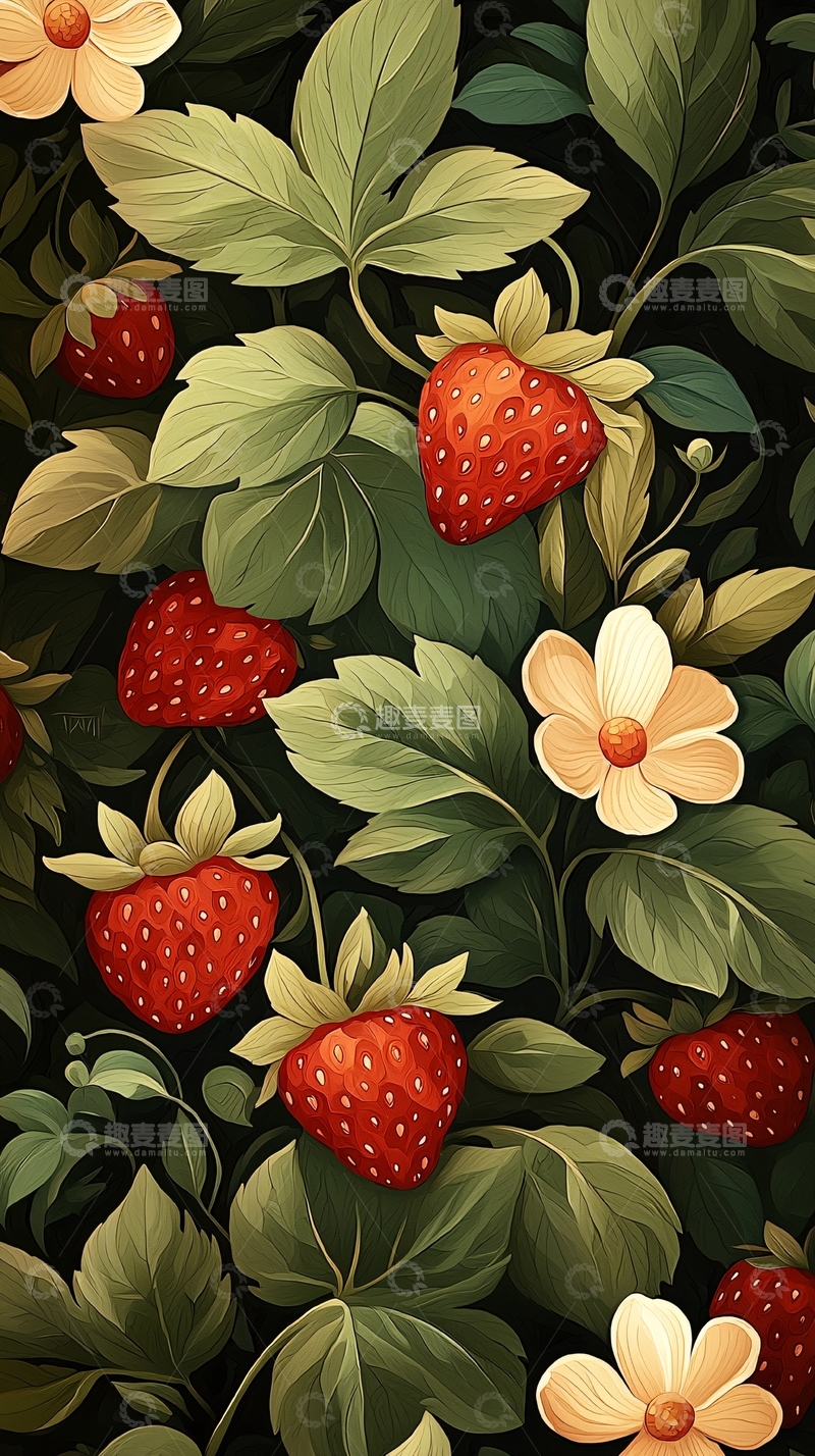 高清大图下载【趣麦麦图】草莓与花朵的自然图案