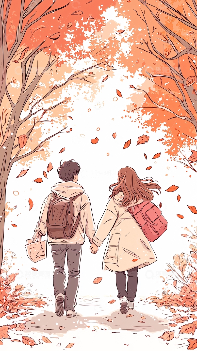 高清大图下载【趣麦麦图】秋日牵手漫步情侣插画