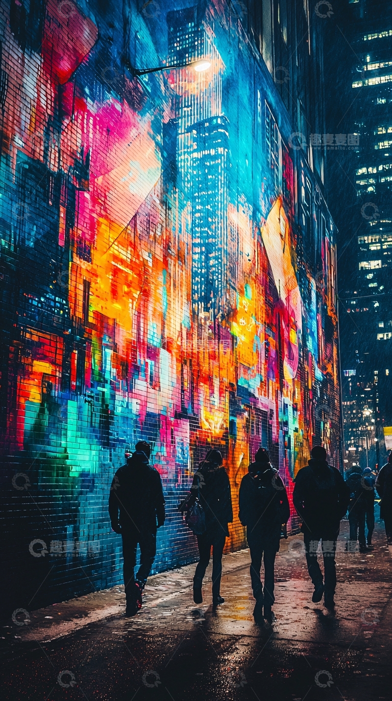 高清大图下载【趣麦麦图】夜晚霓虹灯下的行人