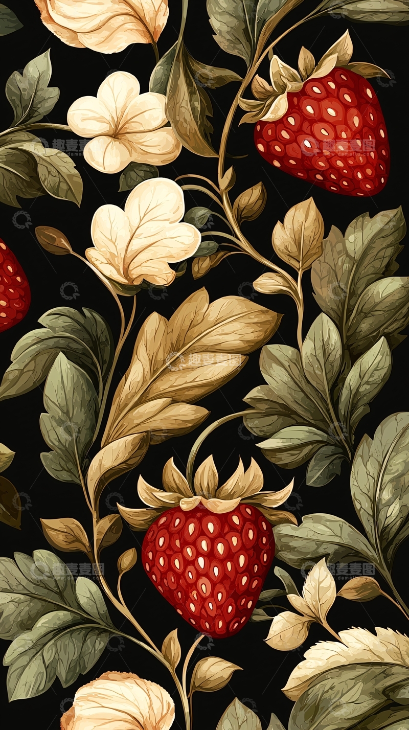高清大图下载【趣麦麦图】草莓与花朵的复古图案背景