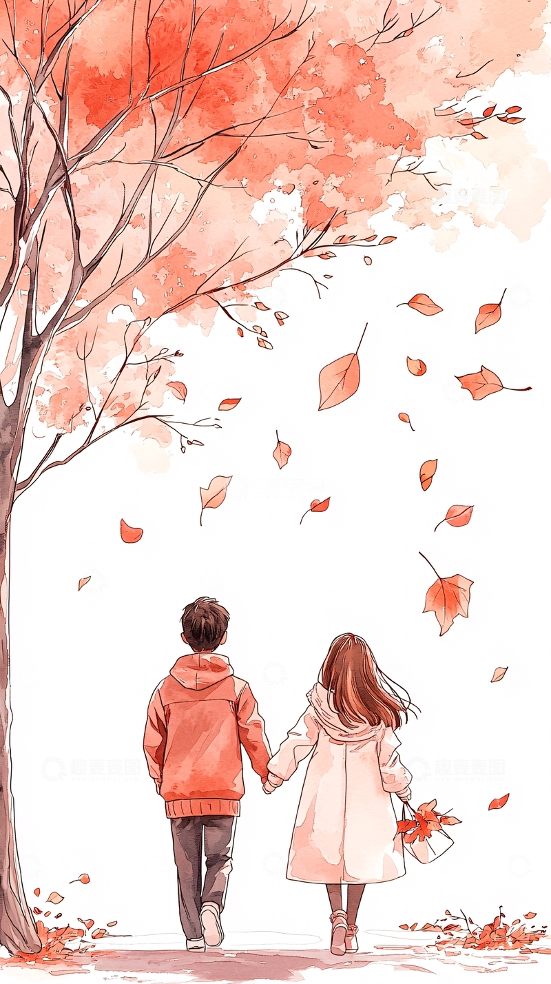 高清大图下载【趣麦麦图】秋日漫步情侣手牵手