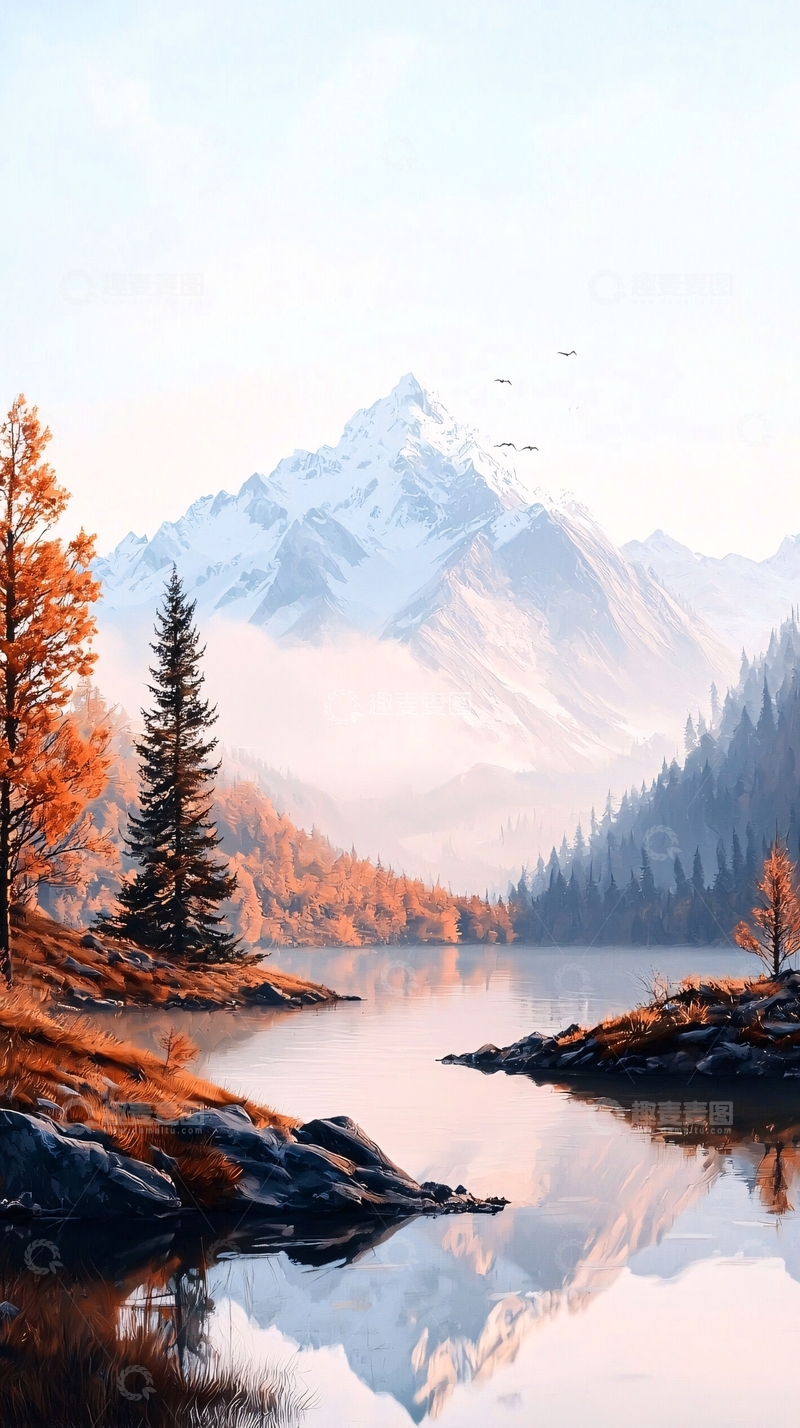 高清大图下载【趣麦麦图】秋日雪山湖畔风景