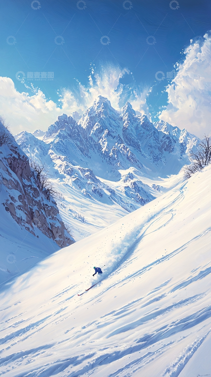 高清大图下载【趣麦麦图】雪山滑雪风景画