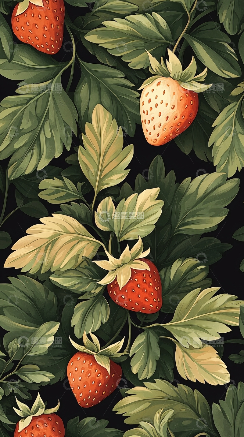 高清大图下载【趣麦麦图】草莓与绿叶背景图案