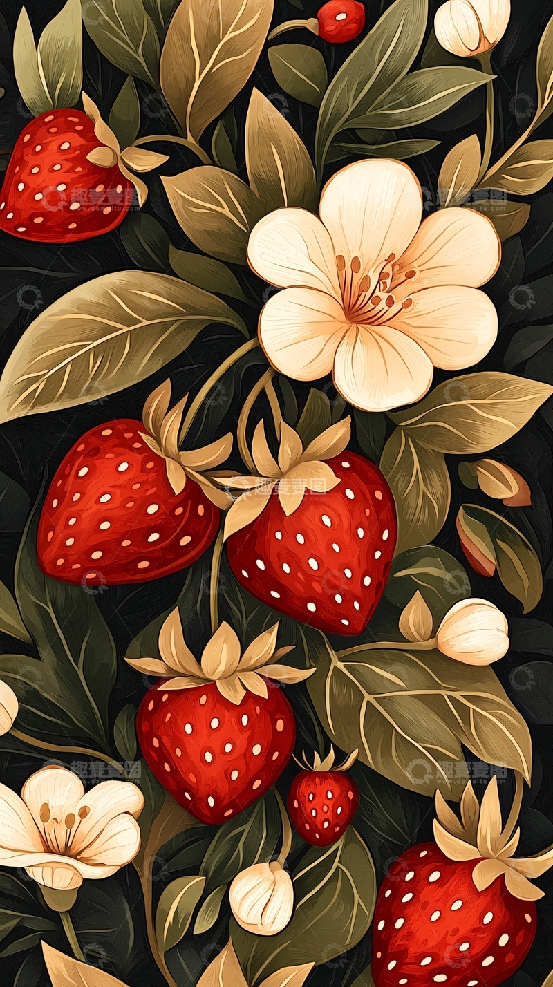高清大图下载【趣麦麦图】草莓与花朵的自然图案