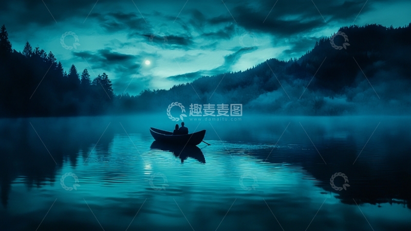 高清大图下载【趣麦麦图】夜色湖畔情侣划船