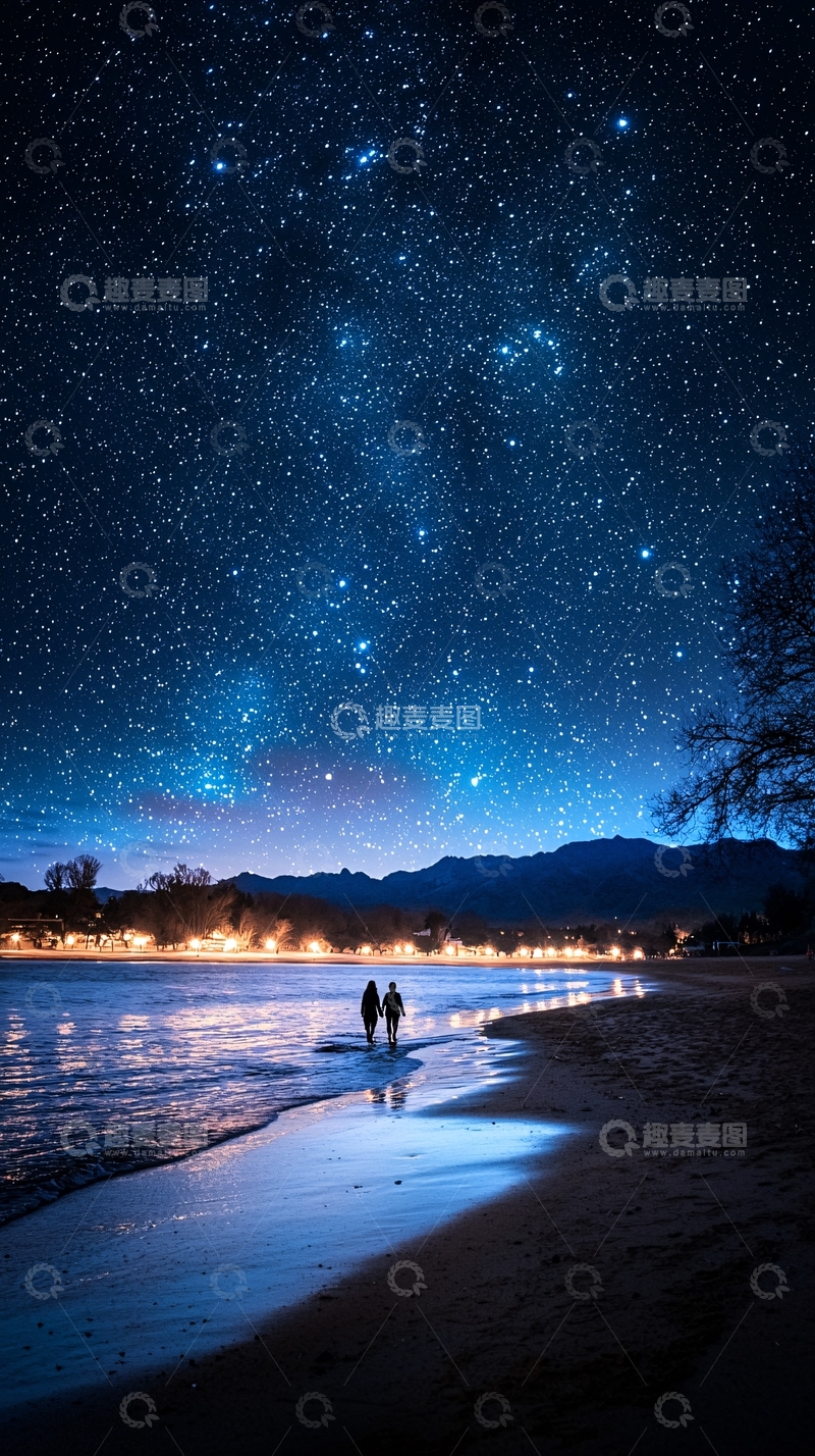 高清大图下载【趣麦麦图】夜空下的海滩漫步