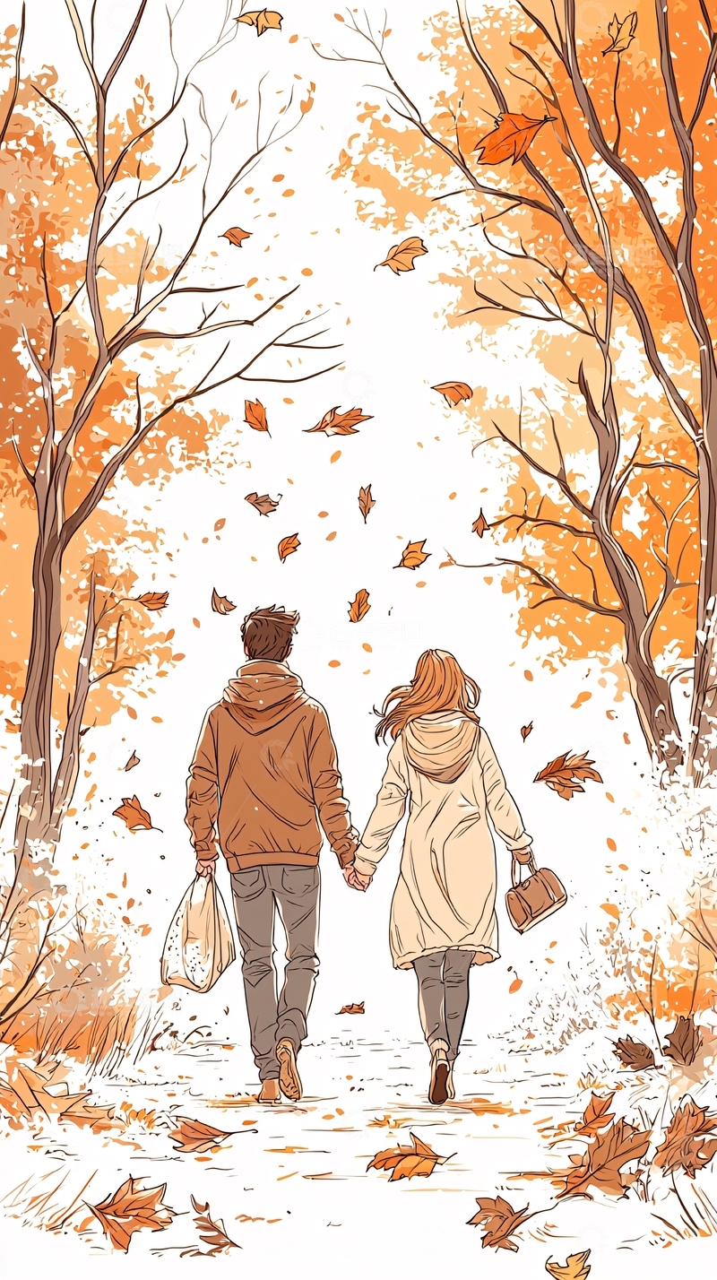 高清大图下载【趣麦麦图】秋日漫步情侣手绘插画