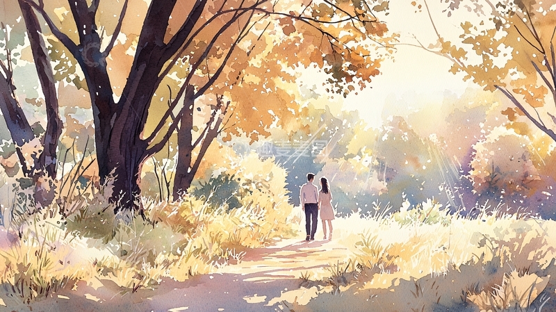 高清大图下载【趣麦麦图】秋日森林中的情侣漫步
