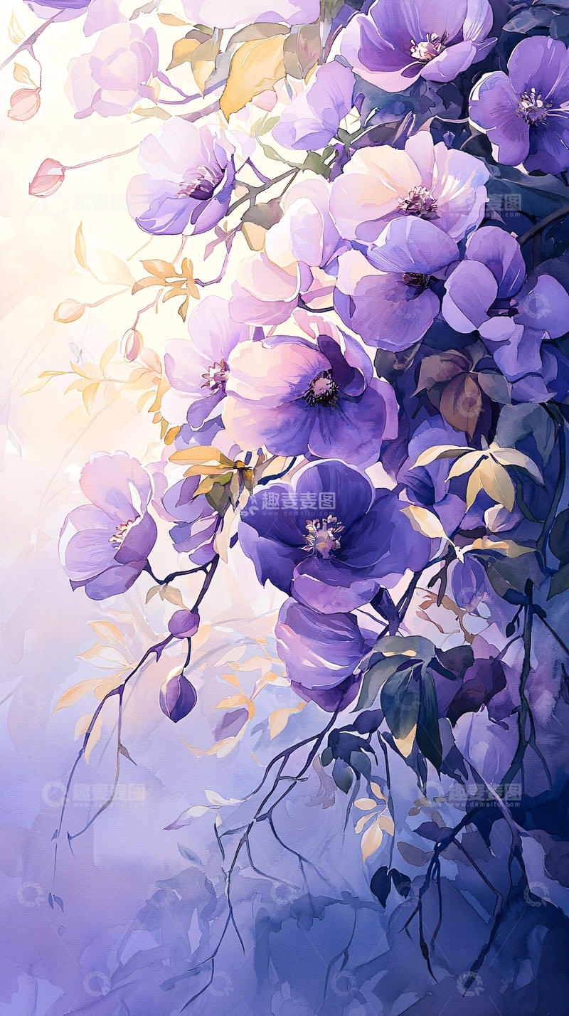 高清大图下载【趣麦麦图】紫色花朵艺术插画背景