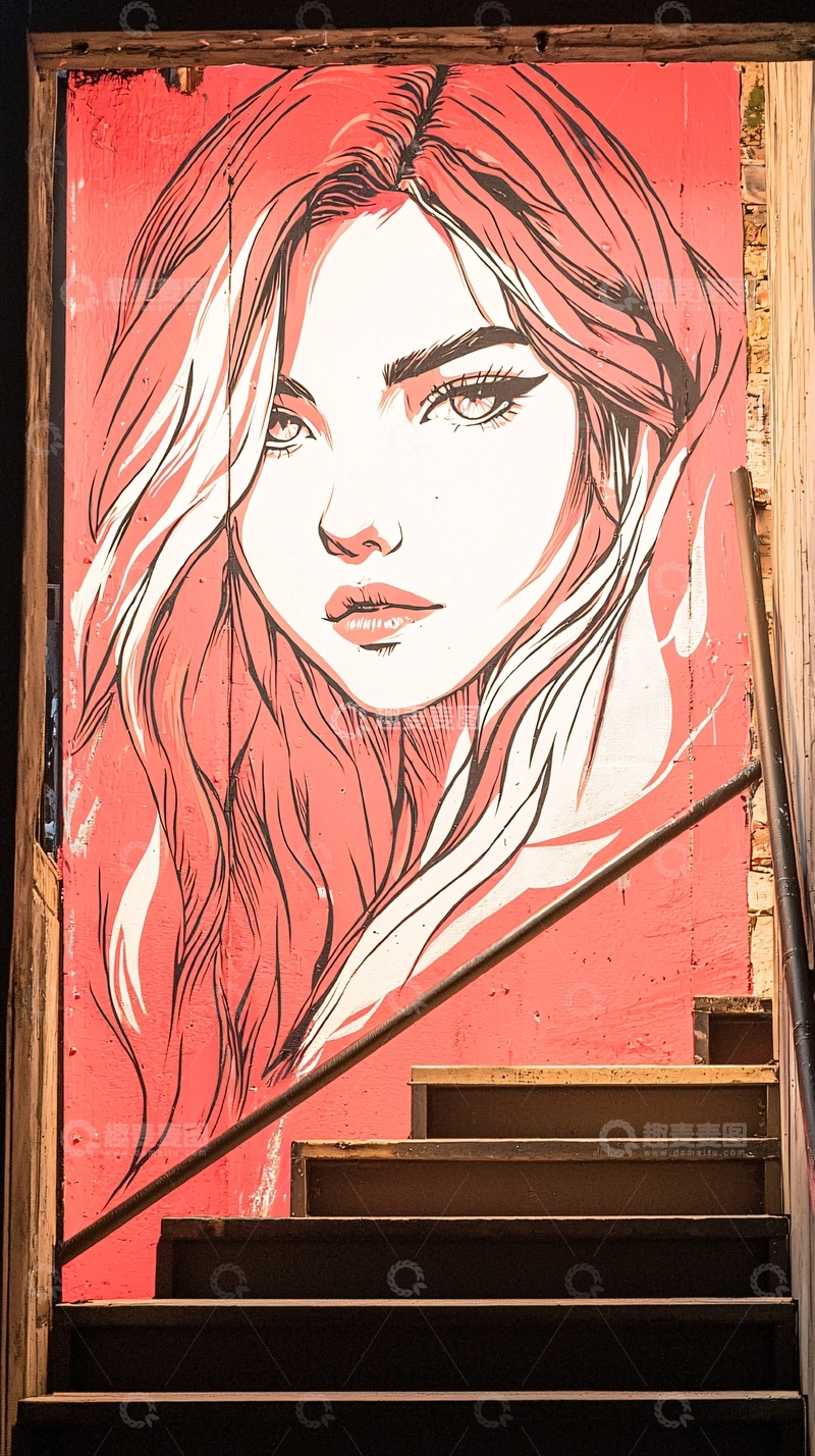 高清大图下载【趣麦麦图】红色背景女性肖像楼梯壁画