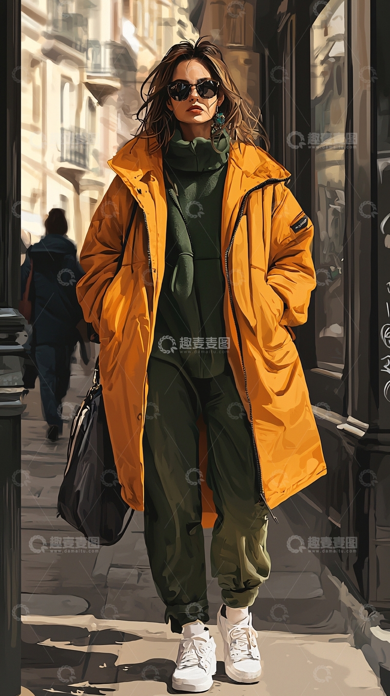 高清大图下载【趣麦麦图】街头时尚：黄色大衣搭配绿色套装