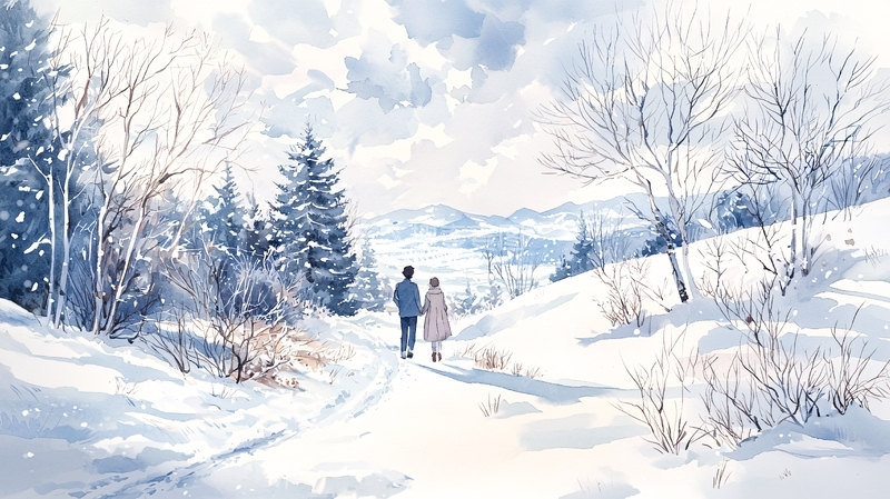 高清大图下载【趣麦麦图】冬日雪景中的情侣漫步