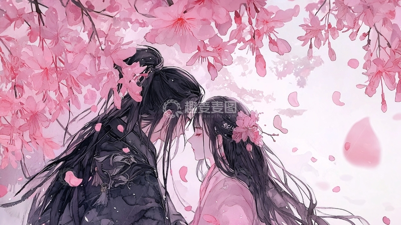 高清大图下载【趣麦麦图】樱花下的情侣