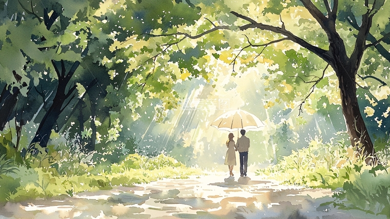 高清大图下载【趣麦麦图】雨中牵手漫步林间