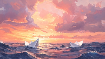 夕阳下的纸船海景