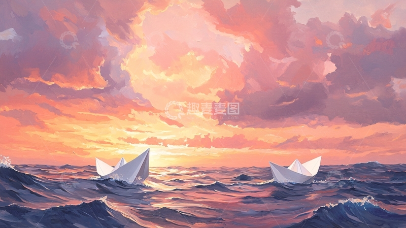 高清大图下载【趣麦麦图】夕阳下的纸船海景