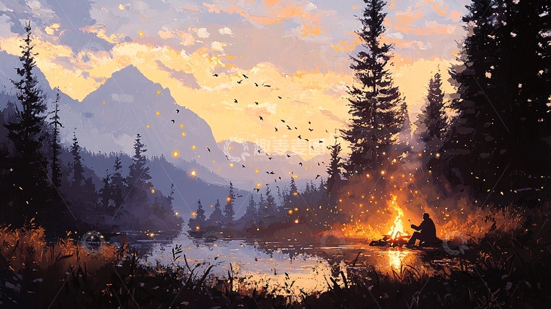 高清大图下载【趣麦麦图】山间篝火与鸟群