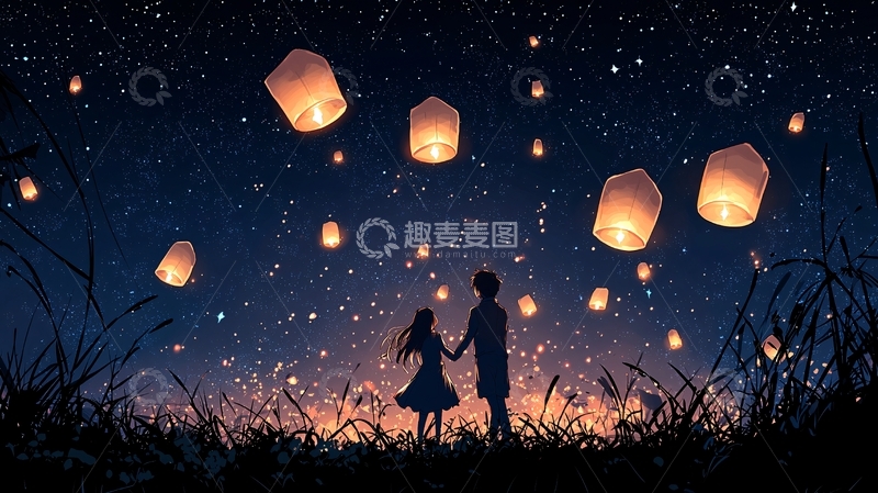 高清大图下载【趣麦麦图】夜空下的恋人在放孔明灯
