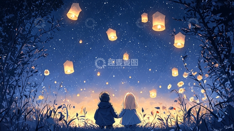 高清大图下载【趣麦麦图】夜空下的放灯场景