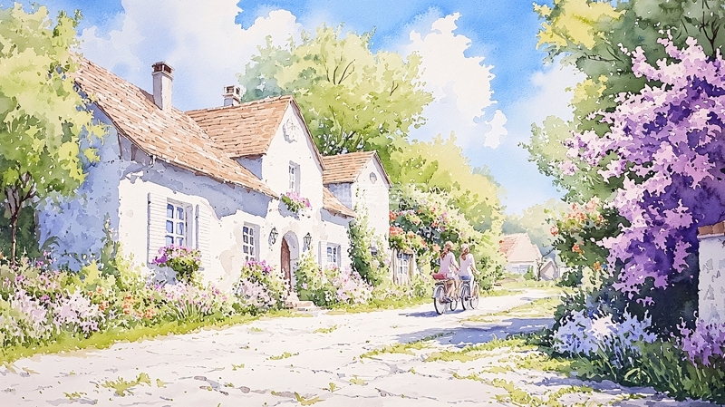 高清大图下载【趣麦麦图】乡村小路上的自行车与花海