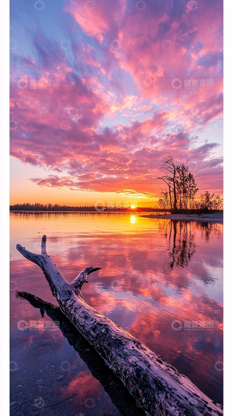 高清大图下载【趣麦麦图】日落湖畔枯木静谧