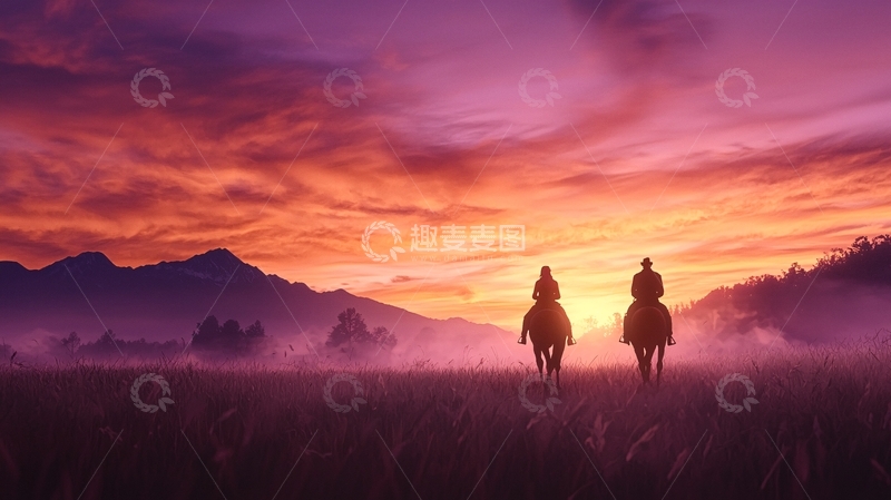 高清大图下载【趣麦麦图】日落草原骑马剪影